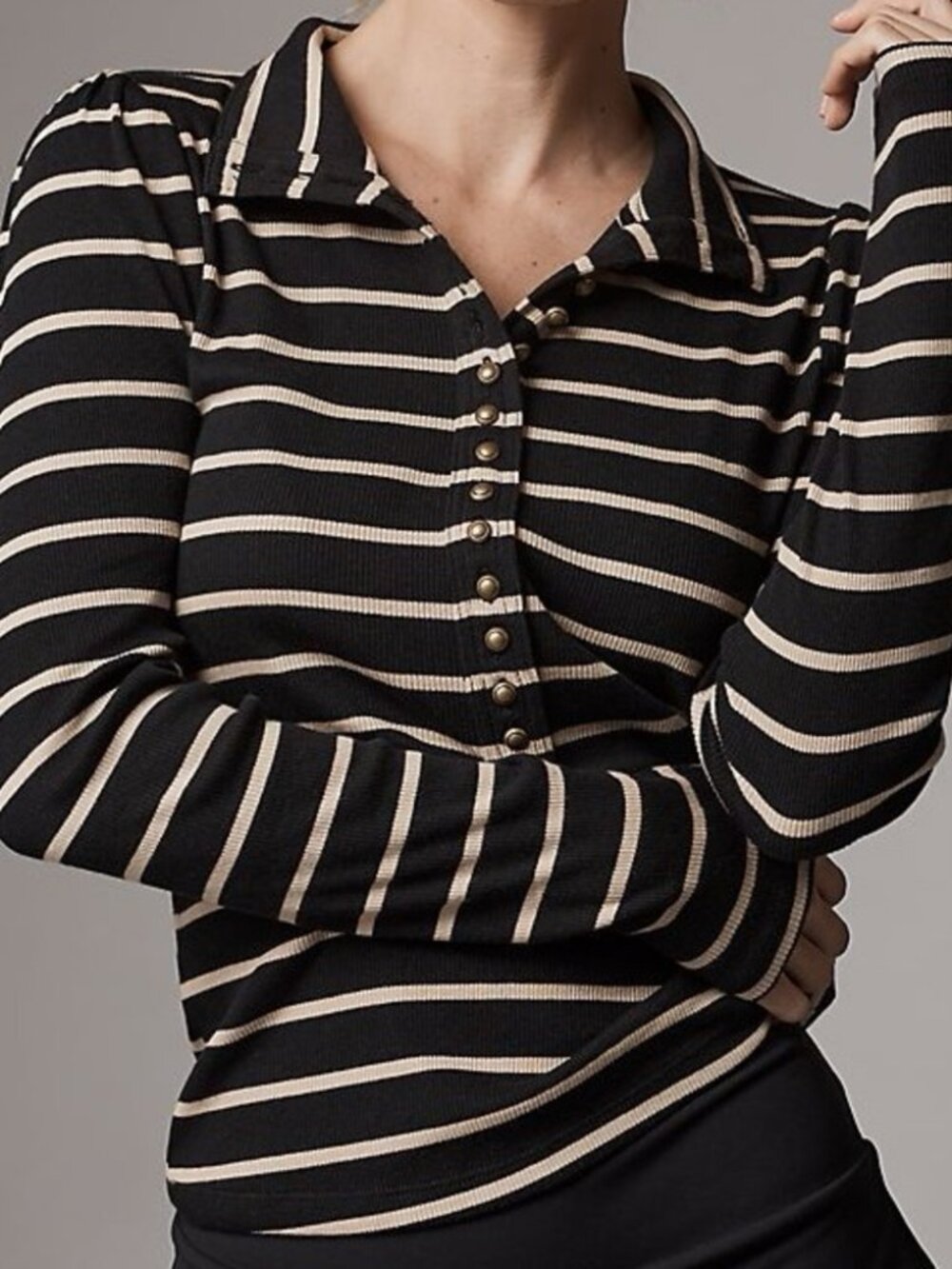 Anthropologie Pilcro Long Sleeve Puff Sleeve Striped Polo Black and Brown Henley